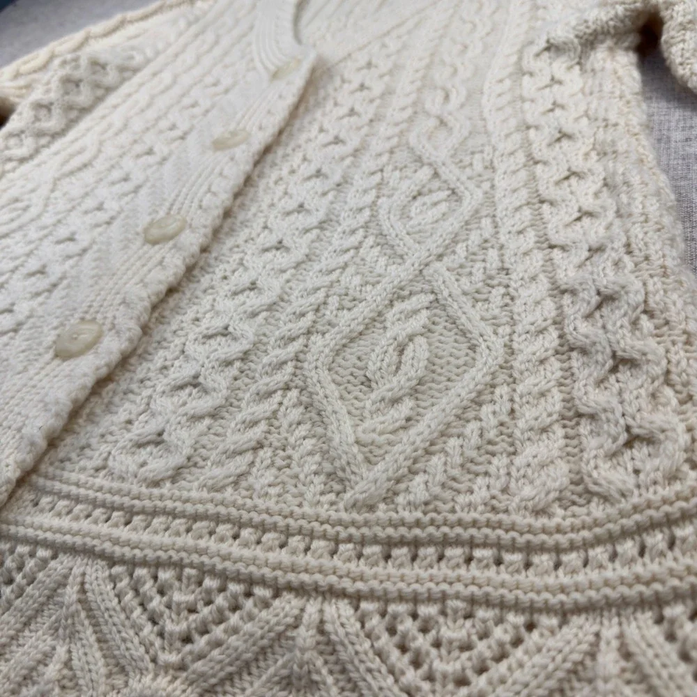 Aran Crafts Ireland 100% Merino Wool Cable Knit Cardigan Sweater S Cream - Picture 6 of 9
